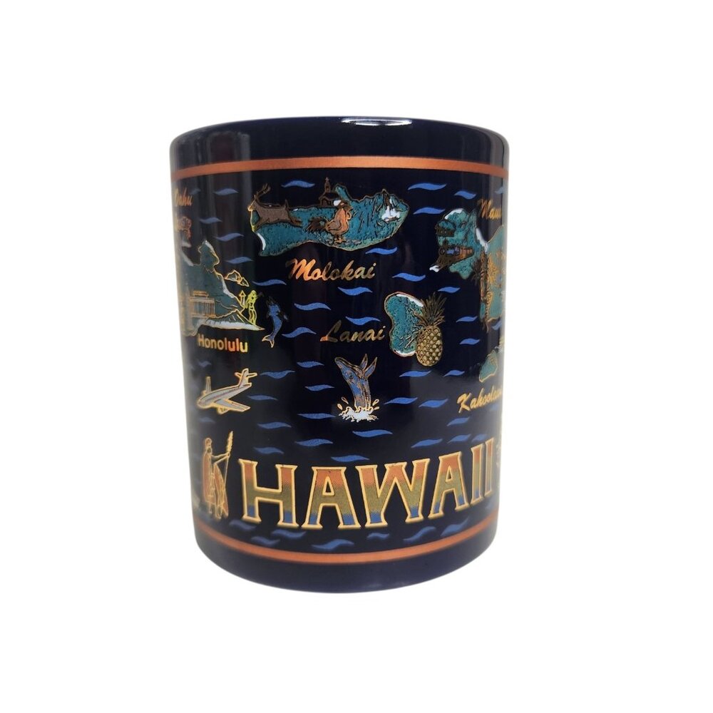 Vintage Maui Hawaii Cup Mug Deep Cobalt Blue Ceramic Gold Accents